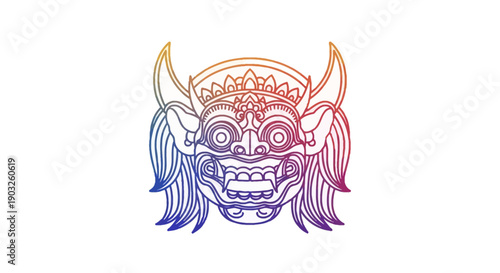 Vibrant Balinese Barong Mask Gradient Line Art Illustration Traditional Cultural Symbol