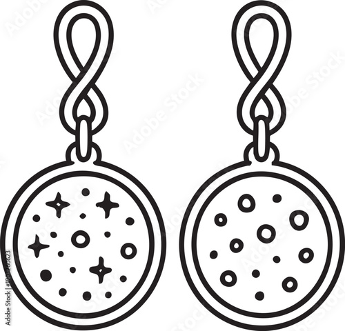 Black and white line drawing of earrings with star and dot patterns