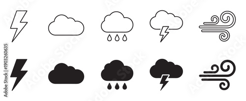 Collection of black weather forecast icons representing lightning, clouds, rain, thunderstorms, and wind, featuring both minimalist line art and solid silhouette versions of each symbol