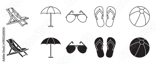Set of black beach vacation icons featuring a deck chair, umbrella, sunglasses, flip-flops, and ball, presented in both simple line art and solid silhouette styles for summer themes