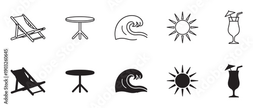 Set of black summer vacation vector icons for beach travel, including a deck chair, table, wave, sun, and cocktail, shown in both minimalist outline and solid silhouette styles