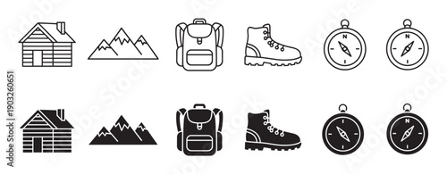 Set of black hiking and camping icons in outline and solid glyph styles, featuring a log cabin, mountain range, backpack, boot, and compass for adventure travel themes