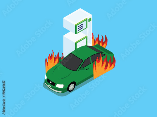 Green Car on Fire at a Petrol Gas Station Pump 3d isometric vector illustration