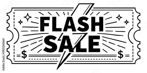 Hand drawn line art illustration of a flash sale badge depicting 'flash sale' text with a lightning bolt and starbursts for retail promotion