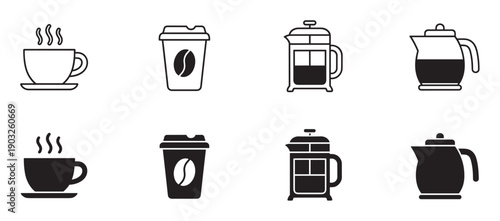 Set of black coffee icons showing a steaming cup, disposable cup, french press, and pot in both line art and solid silhouette styles for graphic design elements