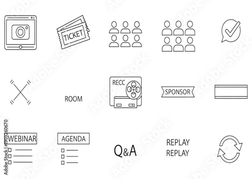 Collection of icons for meetings, events, and presentations, including tickets, people, and Q&A