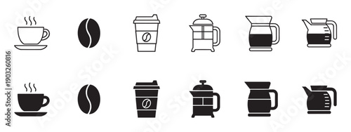 Black coffee icon collection with different styles, including a steaming cup, bean, disposable mug, french press, and carafe in outline and filled versions