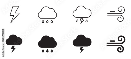 Set of black weather forecast icons in line art and solid glyph styles showing lightning, rain, thunderstorm, and wind symbols for meteorological concepts