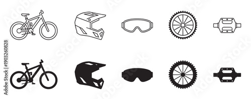 Mountain bike equipment and gear icon set with a bicycle, full-face helmet, goggles, wheel, and pedal in both line art and solid silhouette styles for extreme sports