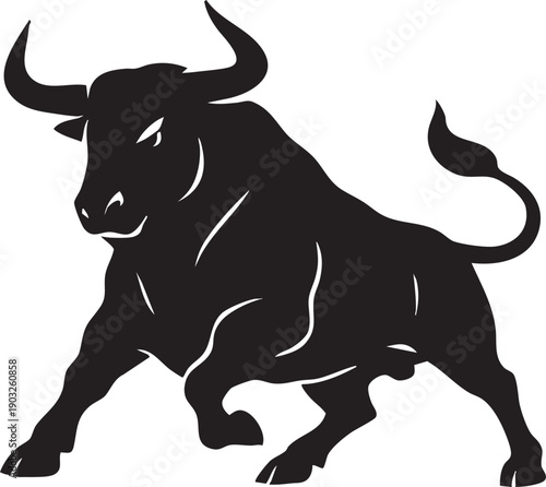 Black bull with horns and tail running on white background