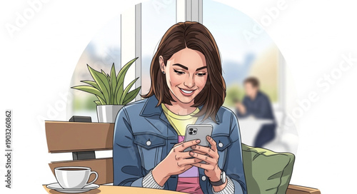 Young woman smiling while looking at her smartphone screen.