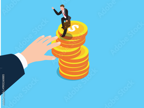 Businessman Standing on Stack of Gold Coins with Reaching Hand 3d isometric vector illustration