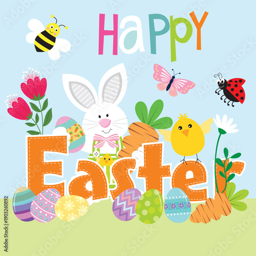 Happy easter with cute bunny, carrot, chick, eggs, bee, butterfly and flowers
