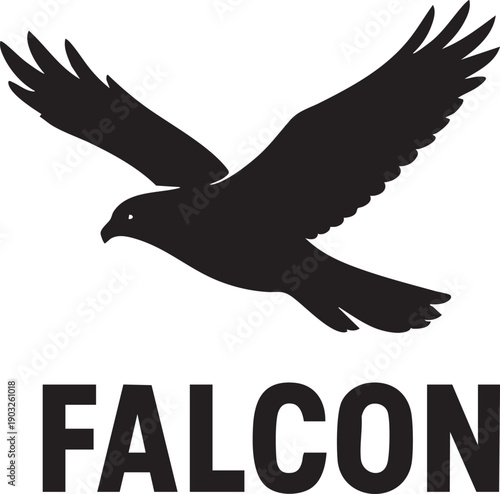 Black silhouette of a falcon bird in flight  isolated on white background