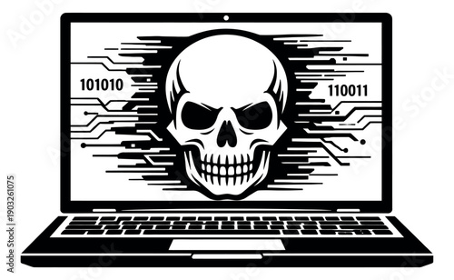Graphic illustration of a skull on a laptop screen depicting a cyber threat for cybersecurity concepts