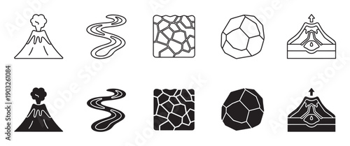 Volcano and geology icon set showing eruption, lava flow, cracked earth, rock, and a cross-section diagram in both line art and solid glyph styles