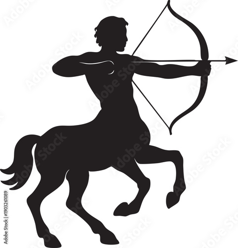 Black silhouette of centaur archer aiming bow and arrow to the right side