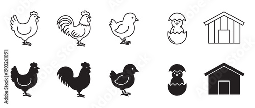 Set of black chicken farm icons showing a hen, rooster, chick, hatching egg, and coop, presented in two distinct styles: simple line art and solid black silhouettes