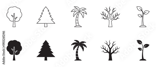 Collection of black tree icons showing different types like deciduous, pine, palm, bare, and a sprout in both outline and solid silhouette vector styles