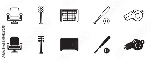 Black sports and stadium equipment icon set featuring a chair, floodlight, goal, baseball bat, and whistle in both simple outline and solid glyph styles