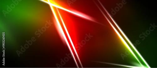 Abstract background features vibrant colors, diagonal lines, glowing effects. Red, green, yellow hues create dynamic visual impact.