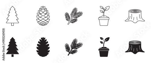Ten black and white forest themed icons featuring a fir tree, pinecone, branch, potted sprout, and tree stump presented as simple line art and solid black silhouettes