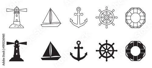 Set of black nautical icons featuring a lighthouse, sailboat, anchor, ship wheel, and lifebuoy presented in both outline and solid silhouette graphic styles for design