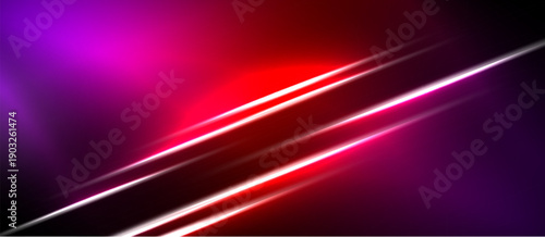 Abstract background features vibrant magenta, red hues. Diagonal lines create dynamic visual effect. Dark areas contrast bright illumination.