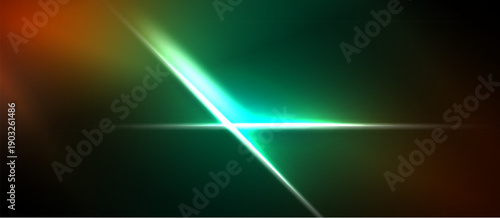 Abstract background features vibrant green light streak crossing dark space. Orange hues blend into teal gradients. Minimalist design.