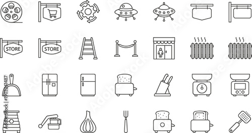 Retail store and household line icons set with appliances furniture shop signs tools for web app interface vector