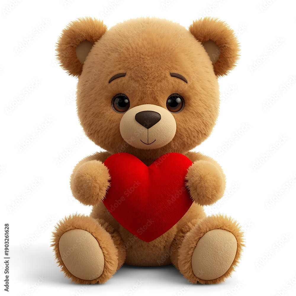 Fototapeta premium Cute fluffy brown teddy bear holding a large red heart isolated on white background