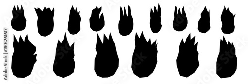 Fire paper cutouts silhouette icons. Doodle scrap linocut flames vector illustration sets. Collage elements for bold designs. Scrapbook bonfire elements set isolated no bg.