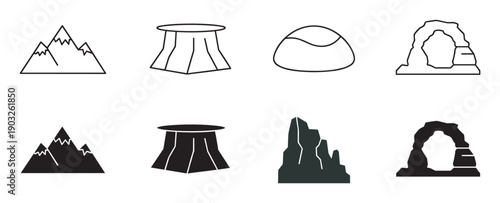 Collection of eight minimalist geological formation icons depicting a mountain range, butte, stone, and natural arch presented in both line art and solid glyph styles