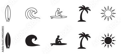 Collection of minimalist surfing and beach icons featuring a surfboard, wave, surfer, palm tree, and sun, presented in both outline and solid black silhouette styles