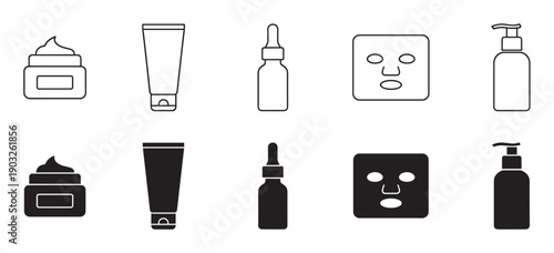 Cosmetic skincare product icon set collection showing line art and solid glyph styles for cream jar, lotion tube, serum dropper, face mask, and pump dispenser bottle