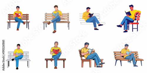 Collection of Vector Illustrations: Young Men Sitting on Benches and Reading Books, Promoting Education, Study, Knowledge, and Leisure Time Activities.