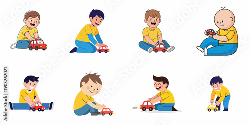 Set of eight happy young boys and toddlers in different poses playing joyfully with small toy cars, isolated vector illustrations depicting childhood play and fun.