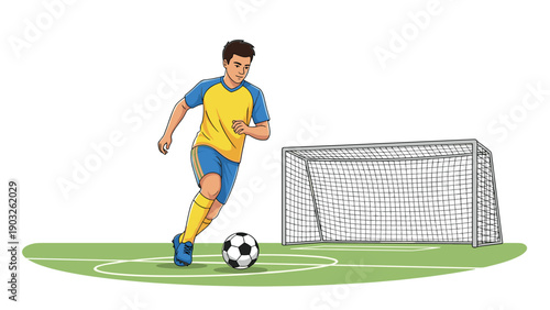 Determined soccer player in a yellow and blue uniform running with a ball on a green field towards a soccer goal in a sports illustration.