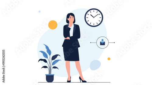 Professional businesswoman in a dark suit standing thoughtfully in a modern office space with a large wall clock and a potted plant.
