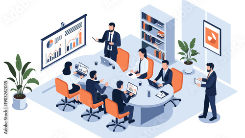 Professional team having an active meeting in a conference room with people sitting at a table and a speaker presenting data on a board.