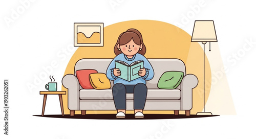 Young woman reading a book on a comfortable sofa at home.