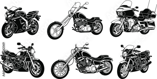 Set of black motorcycle silhouettes including sport bikes choppers and cruisers isolated on white background for motor garage vector design