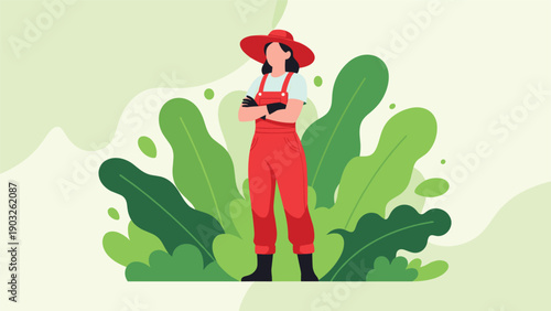Professional gardener or farmer in red overalls and a sun hat standing confidently among large green decorative leaves in a garden.