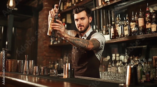 bartender. Professional bartender with tattoos pouring a drink in a warm, ambient bar setting. bar promotions, beverage menus, designed for food & beverage menus and cafe branding.