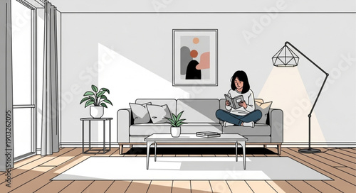 Young woman reading a book on a comfortable sofa in a bright living room.