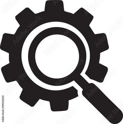 Gear with magnifying glass icon for search and optimization purposes