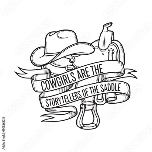  vintage cowboy hat and saddle illustration with ribbon banner