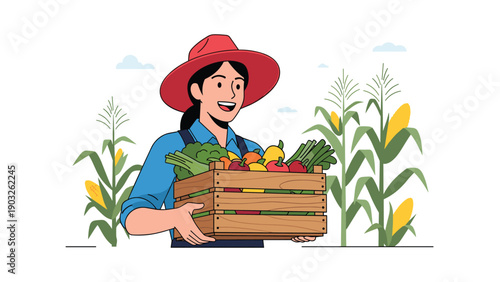 Happy female farmer stands in a lush cornfield while proudly holding a wooden crate filled with a variety of freshly harvested vegetables.