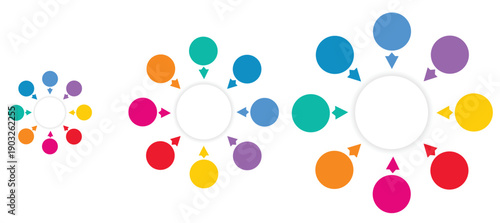 Colorful circular infographic templates with arrows pointing to a central hub in three sizes