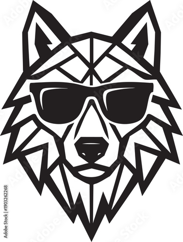 Geometric wolf head wearing sunglasses and looking straight ahead strongly